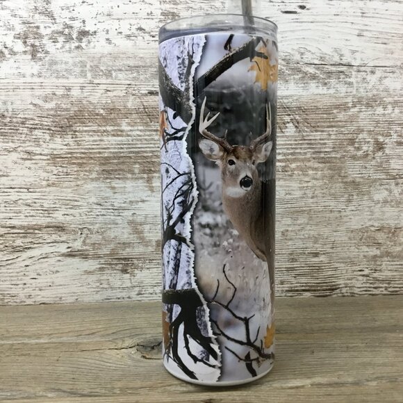 Deer Hunting Winter 20 oz Skinny Tumbler with Straw & Lid - Picture 4 of 5